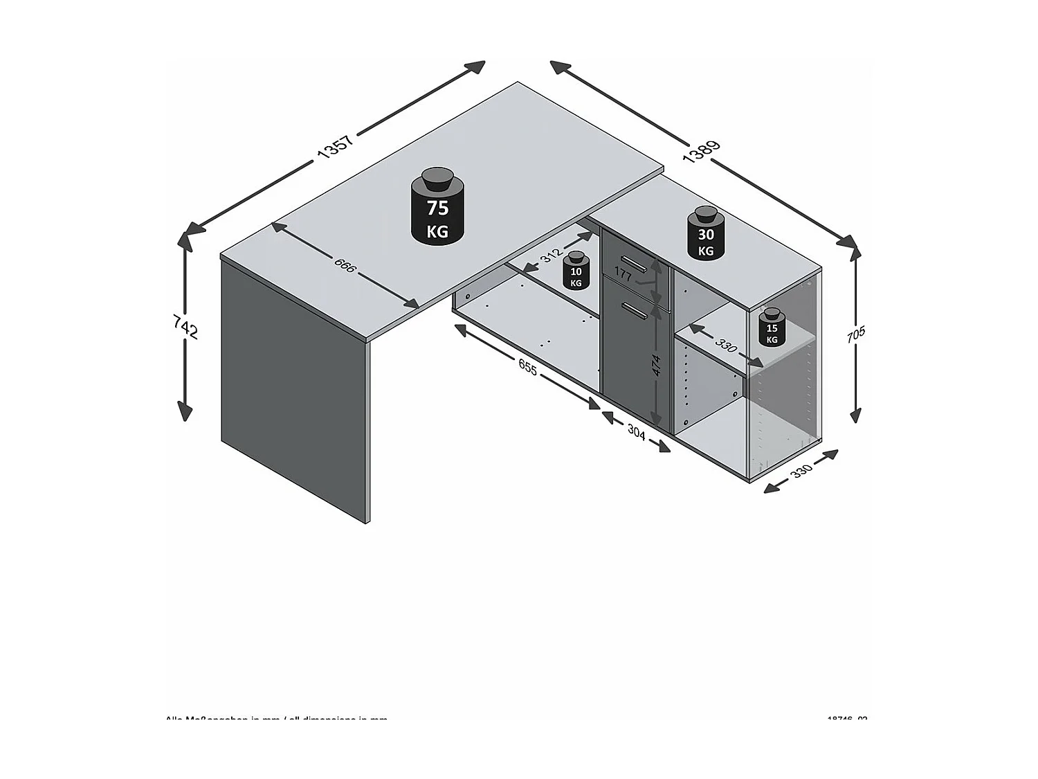 Bureau d'Angle Modulable avec Caisson, Tiroir et Étagères de Rangements - Lex