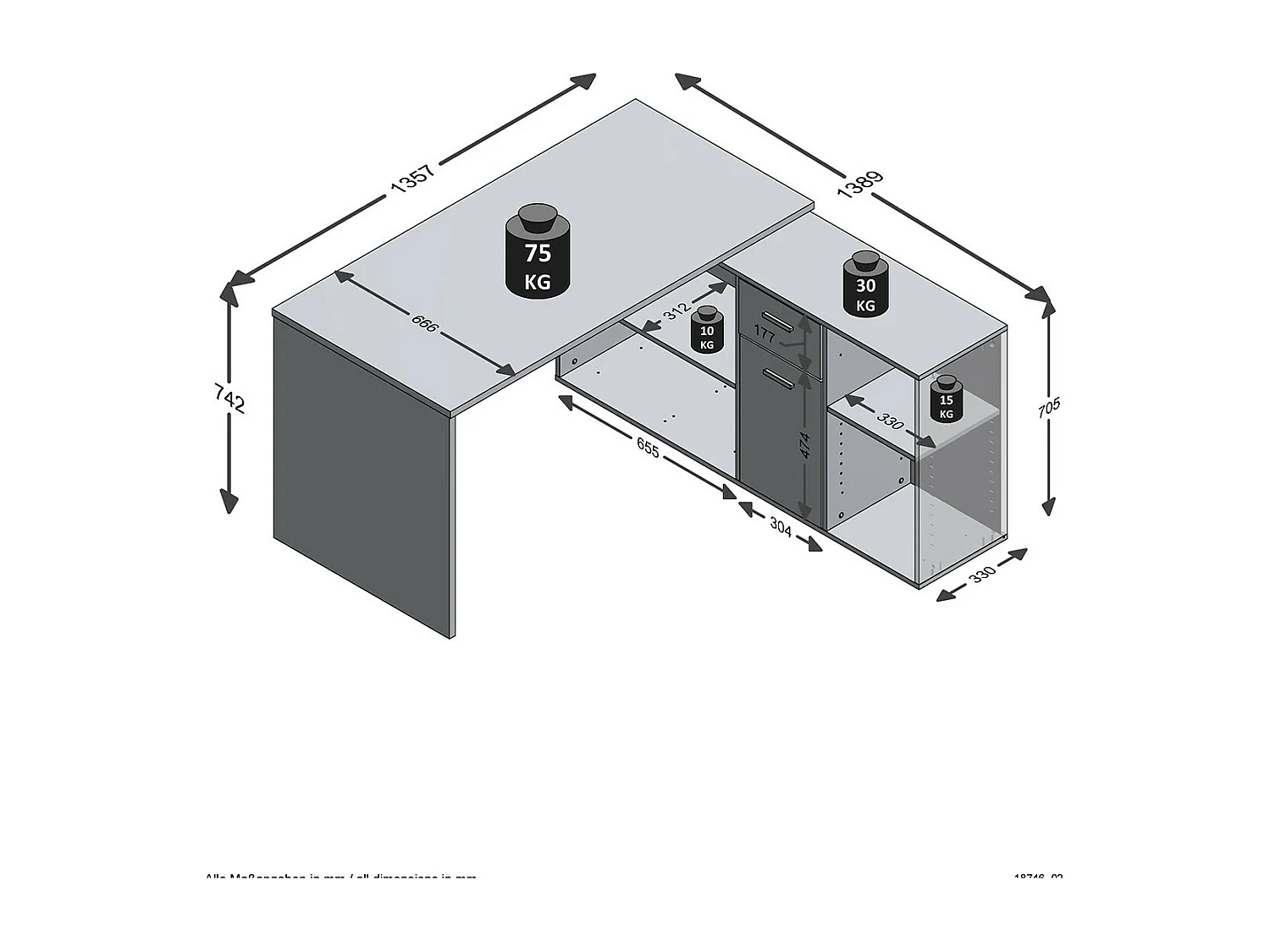 Bureau d'Angle Modulable avec Caisson, Tiroir et Étagères de Rangements - Lex