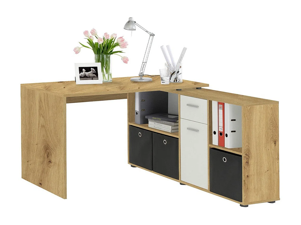 Bureau d'Angle Modulable avec Caisson, Tiroir et Étagères de Rangements - Lex