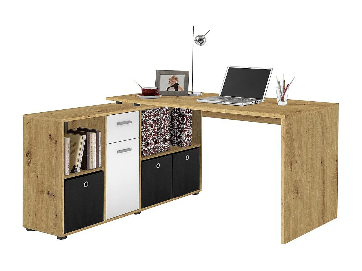 Bureau d'Angle Modulable avec Caisson, Tiroir et Étagères de Rangements - Lex