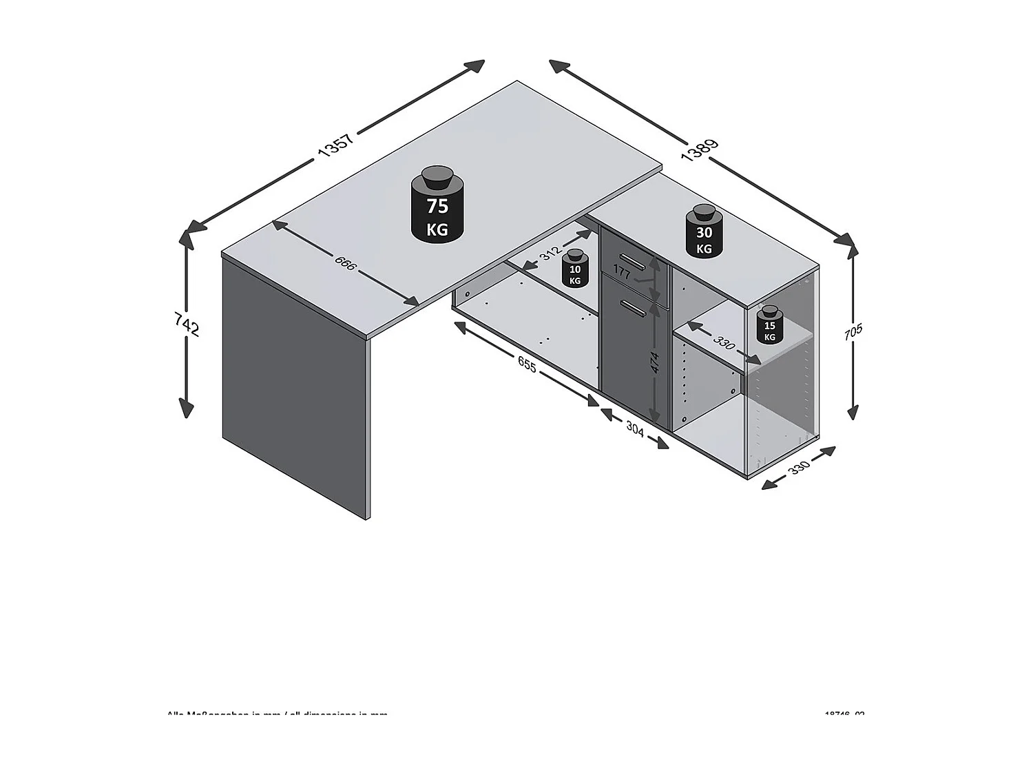 Bureau d'Angle Modulable avec Caisson, Tiroir et Étagères de Rangements - Lex