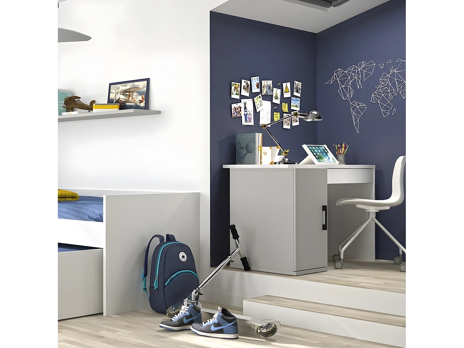 Bureau Ugo gris avec caisson de rangement et tiroir - Fabrication Française