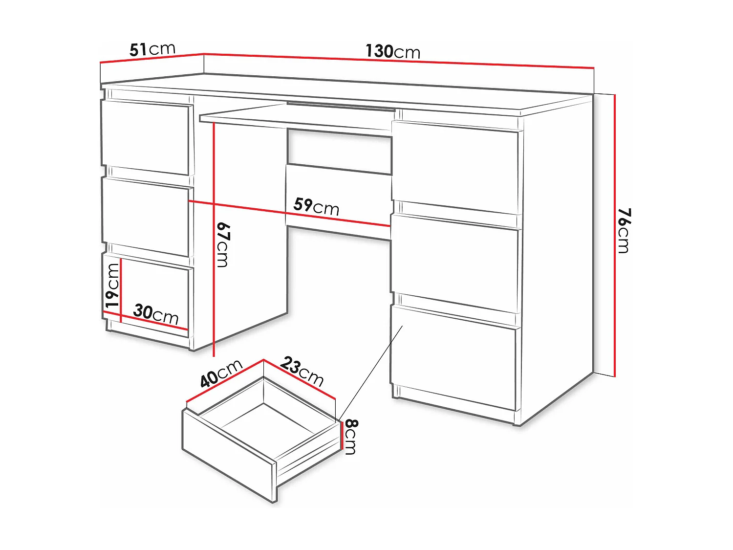Bureau 6 tiroirs 1 tablette Kyle