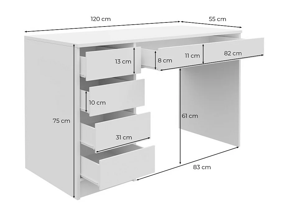 Schreibtisch "Ada" Weiß mit 5 Design- und modularen Schubladen - 120 x 75 x 55 cm