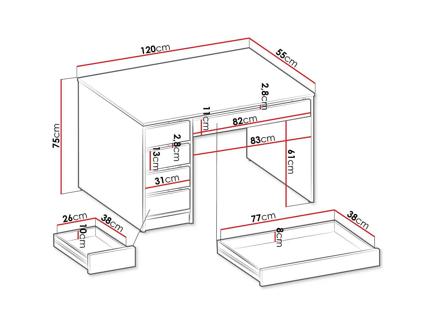 Schreibtisch "Ada" Weiß mit 5 Design- und modularen Schubladen - 120 x 75 x 55 cm