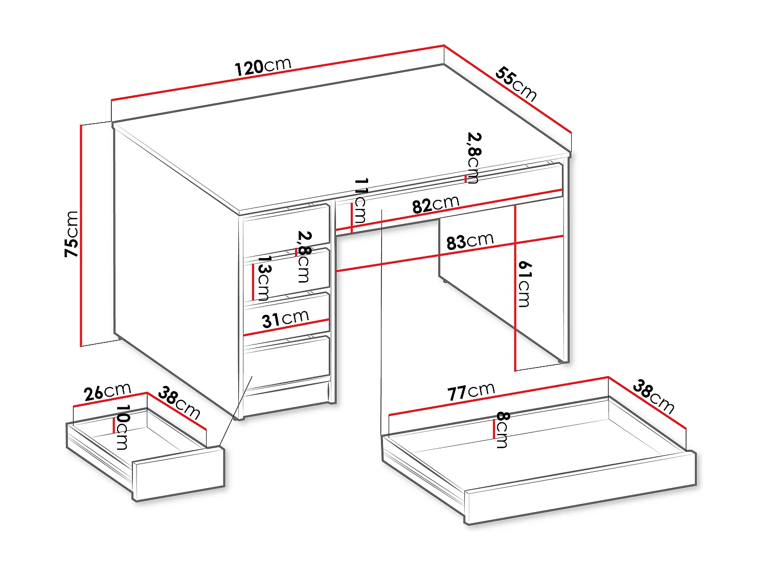 Bureau en bois 5 tiroirs "Malika" - 120 x 75 x 55 cm - Blanc