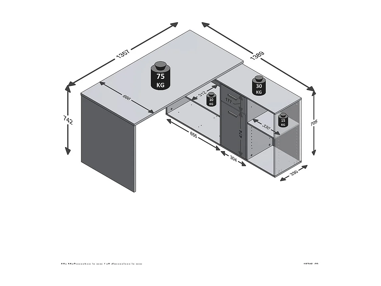 Bureau d'Angle Modulable avec Caisson, Tiroir et Étagères de Rangements - Lex