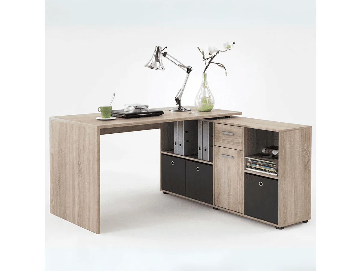 Bureau d'Angle Modulable avec Caisson, Tiroir et Étagères de Rangements - Lex