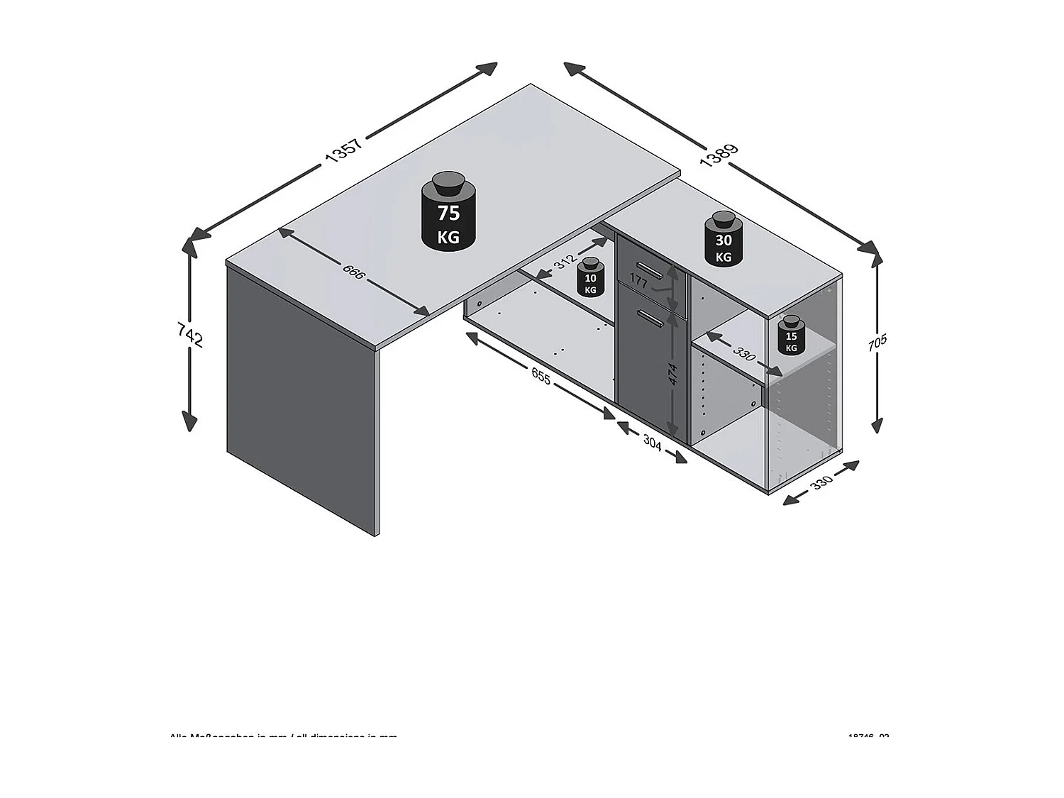 Bureau d'Angle Modulable avec Caisson, Tiroir et Étagères de Rangements - Lex