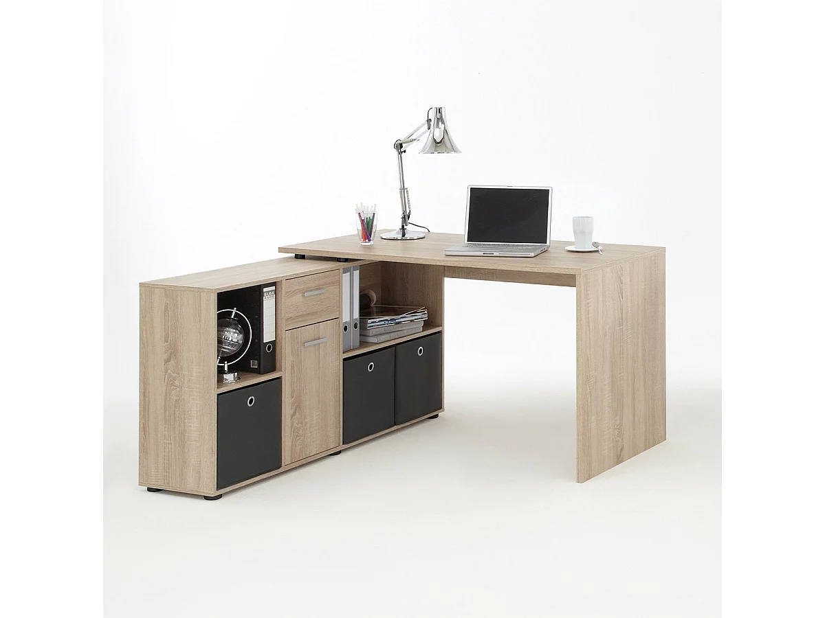 Bureau d'Angle Modulable avec Caisson, Tiroir et Étagères de Rangements - Lex
