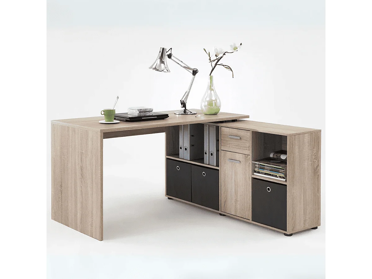 Bureau d'Angle Modulable avec Caisson, Tiroir et Étagères de Rangements - Lex