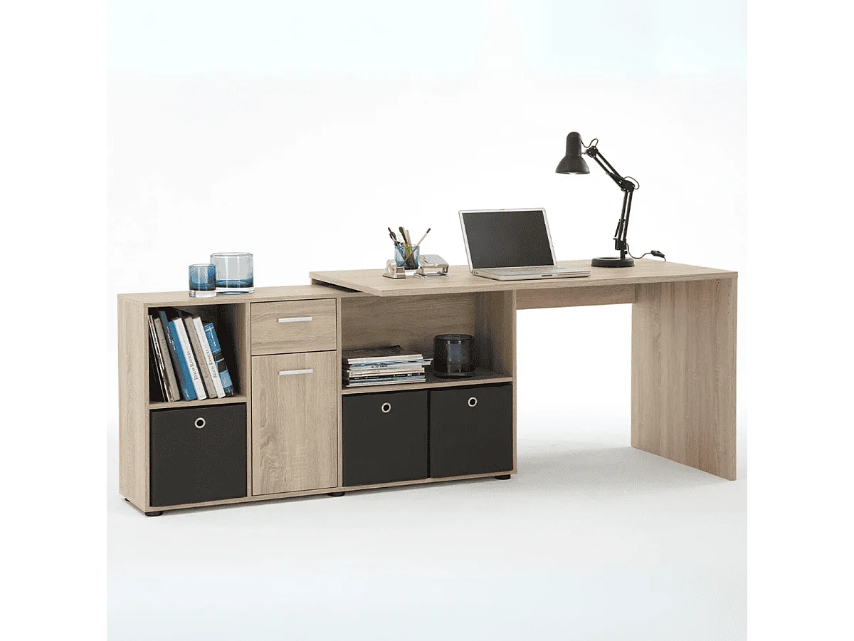 Bureau d'Angle Modulable avec Caisson, Tiroir et Étagères de Rangements - Lex