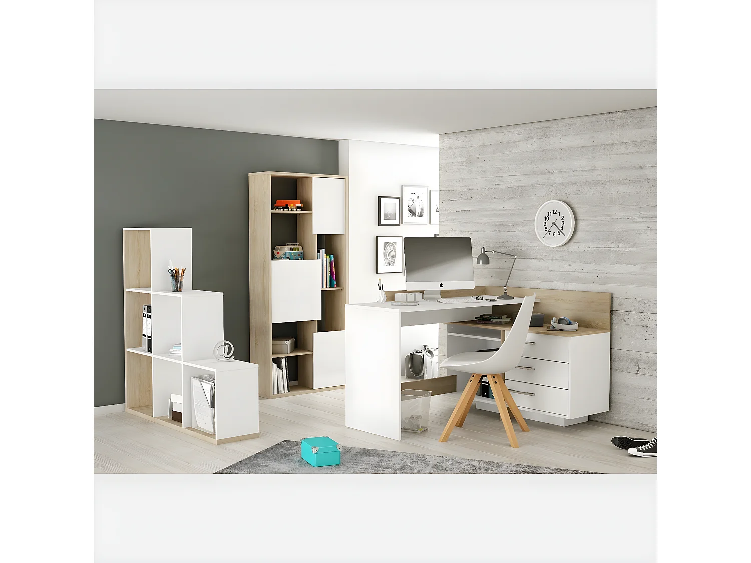 Ufficio ad angolo 3 cassetti decorato Bianco e Legno L128,5 cm - Thalès
