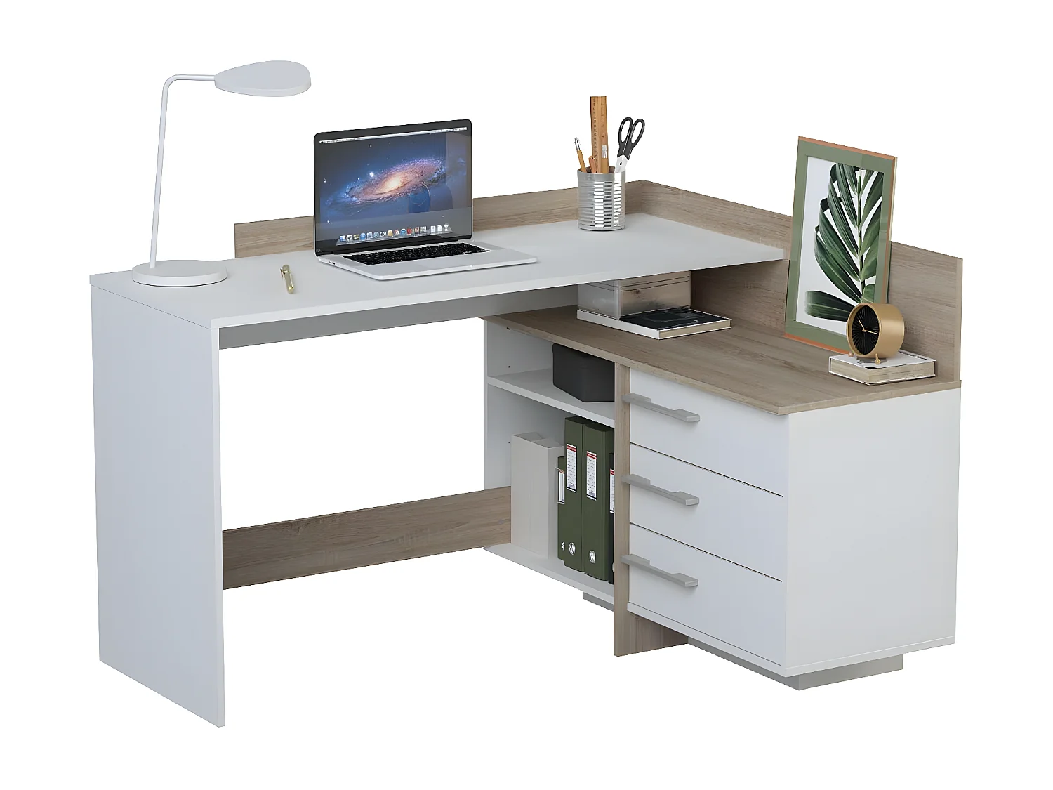 Ufficio ad angolo 3 cassetti decorato Bianco e Legno L128,5 cm - Thalès