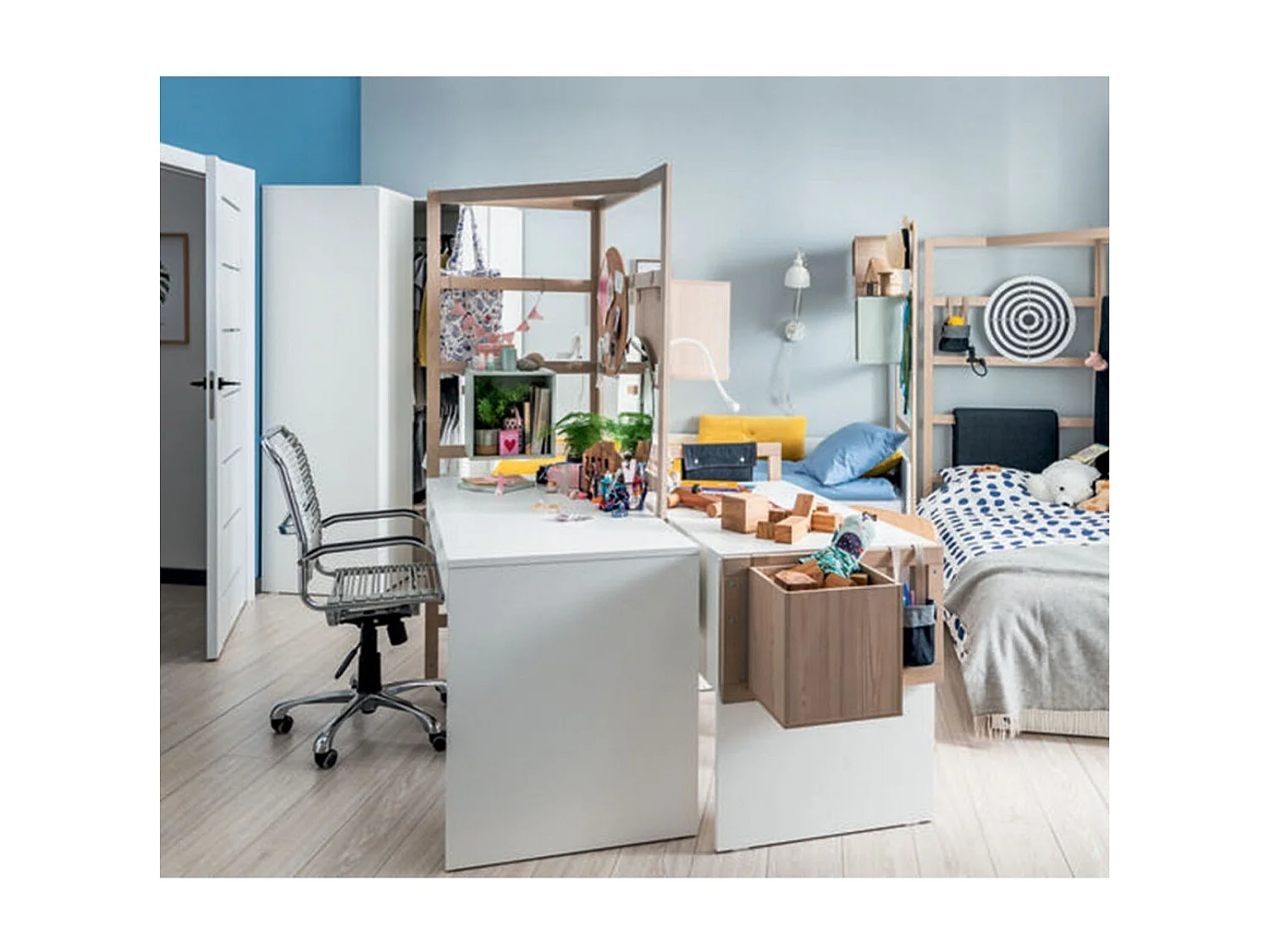 Bureau 2 tiroirs avec cube ouvert de face - STIGE