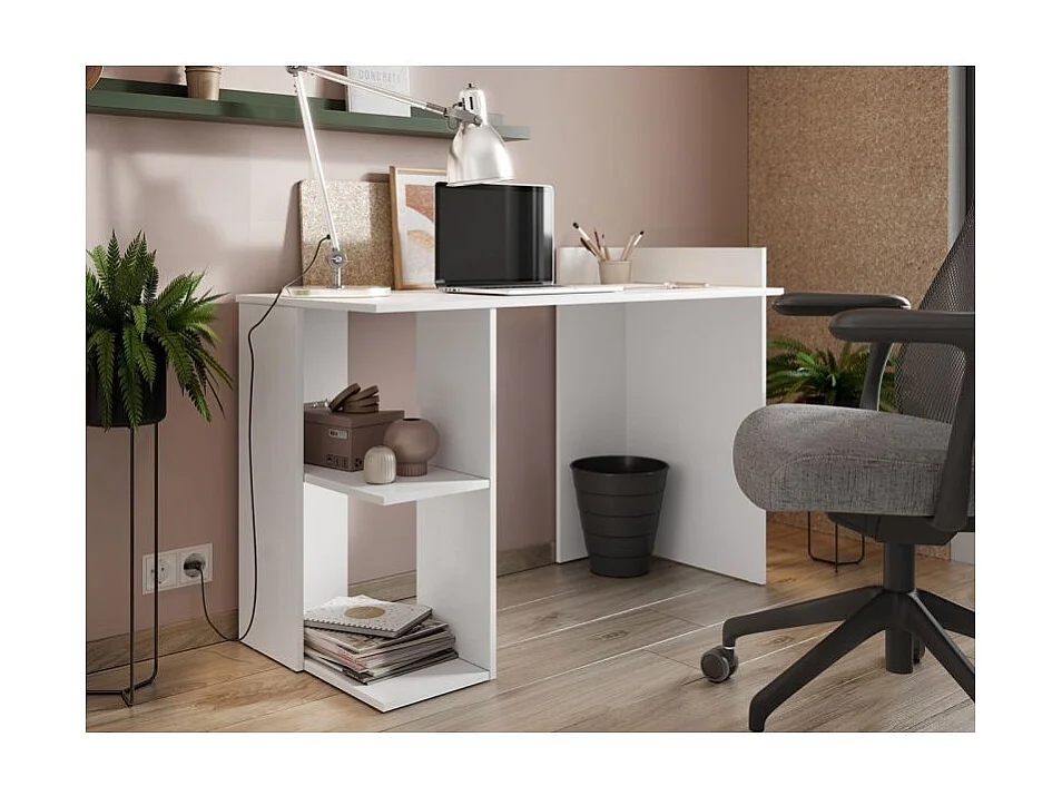 Secretária de design branco Beliz 122 cm com grande tampo e 2 nichos de arrumação, fabricação europeia