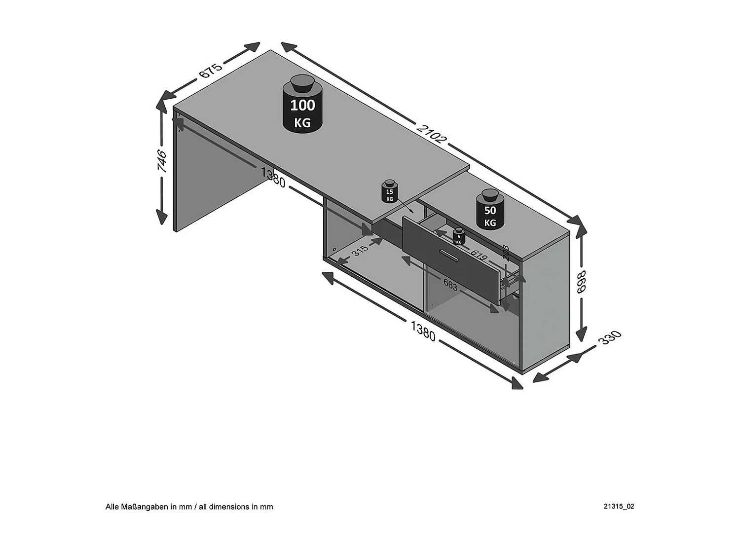 Bureau d'Angle Convertible avec Rangements Bas L138cm - Diego