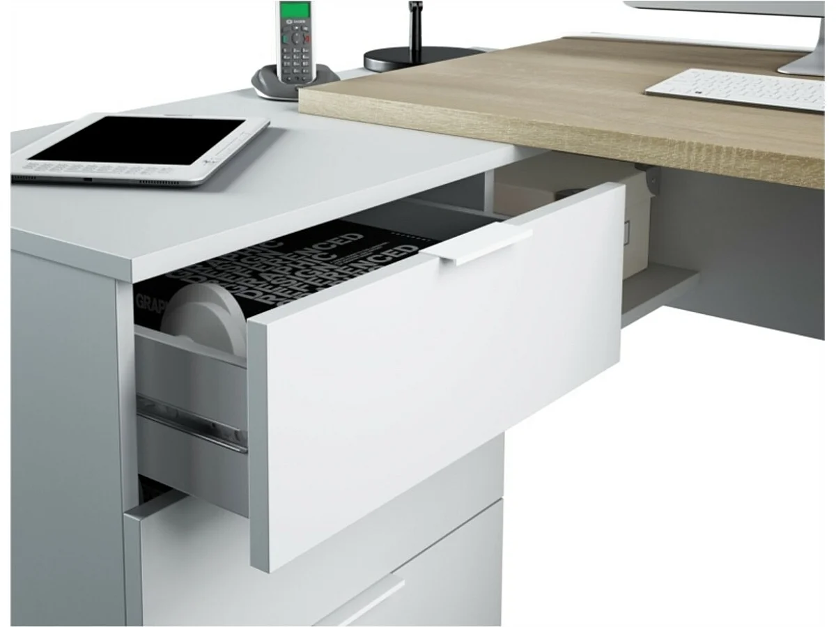 Mesa de escritório Buc Blanco Artik (Blanco Mate) - Roble Canadian