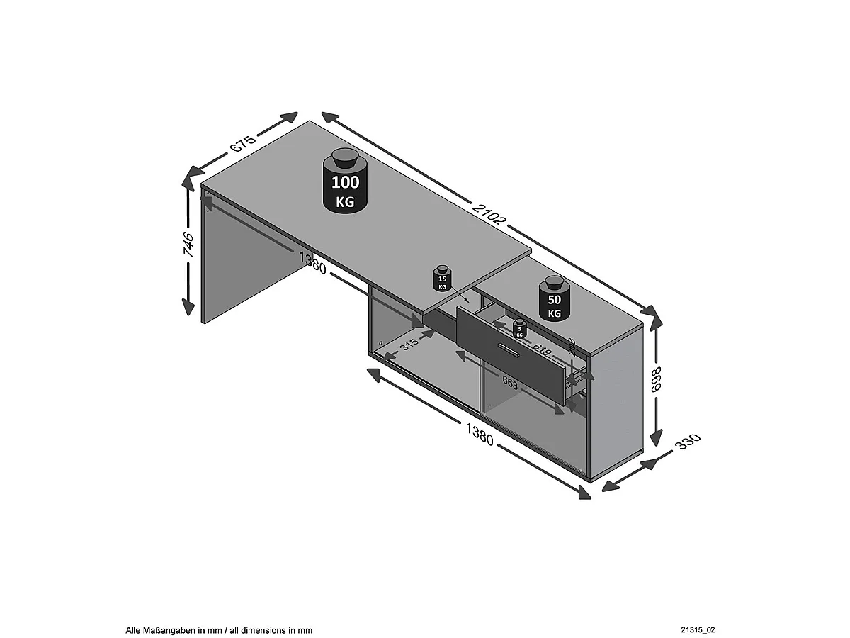 Konwertowalne biurko narożne z niskim schowkiem L138cm - Diego