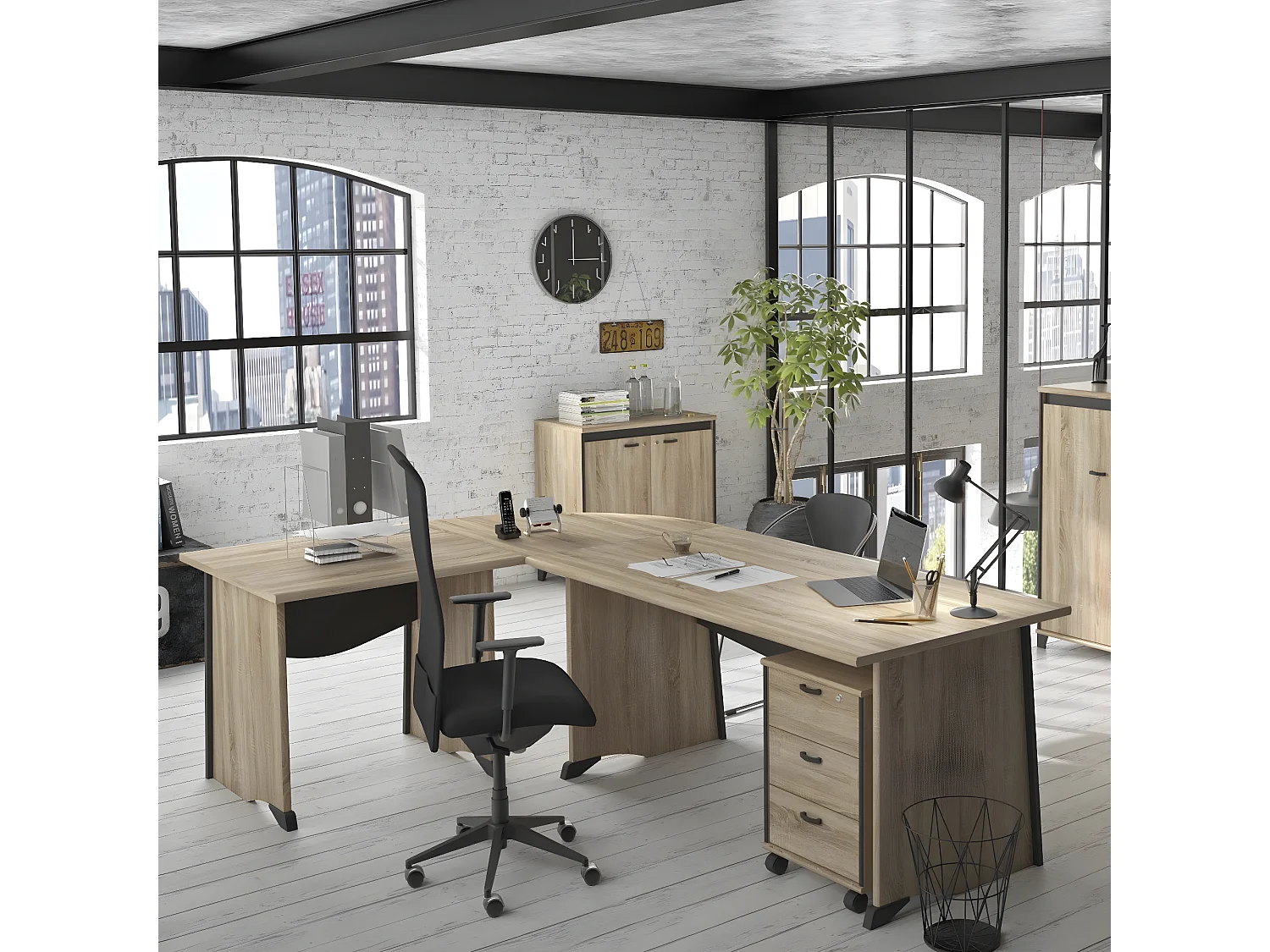 Bureau industriële stijl met frontpaneel L160 cm - Gemaakt in Frankrijk