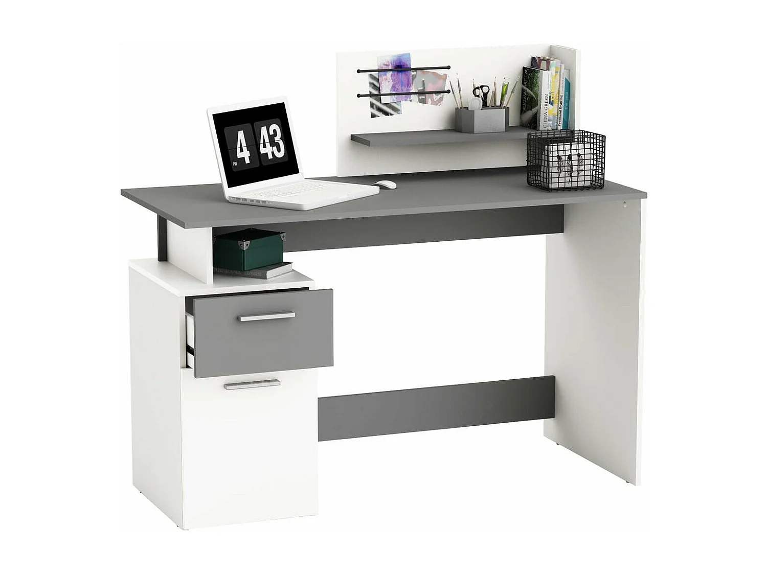 Bureau 1 Porte et 1 Tiroir, Décor Gris et Blanc L121,5 cm - Platon