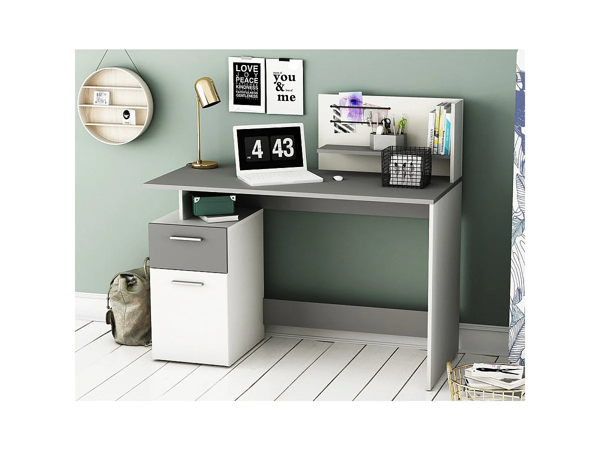 Biurko z 1 drzwiczkami i 1 szufladą, dekor szaro-biały, dł. 121,5 cm - Platon