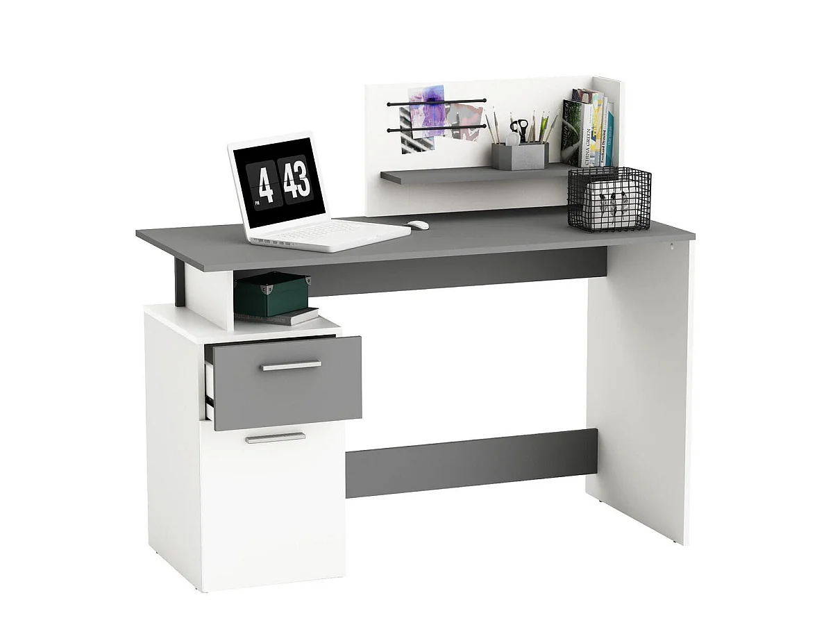 Biurko z 1 drzwiczkami i 1 szufladą, dekor szaro-biały, dł. 121,5 cm - Platon