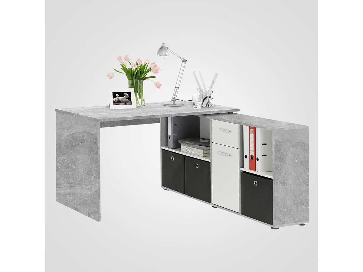 Bureau d'Angle Modulable avec Caisson, Tiroir et Étagères de Rangements - Lex