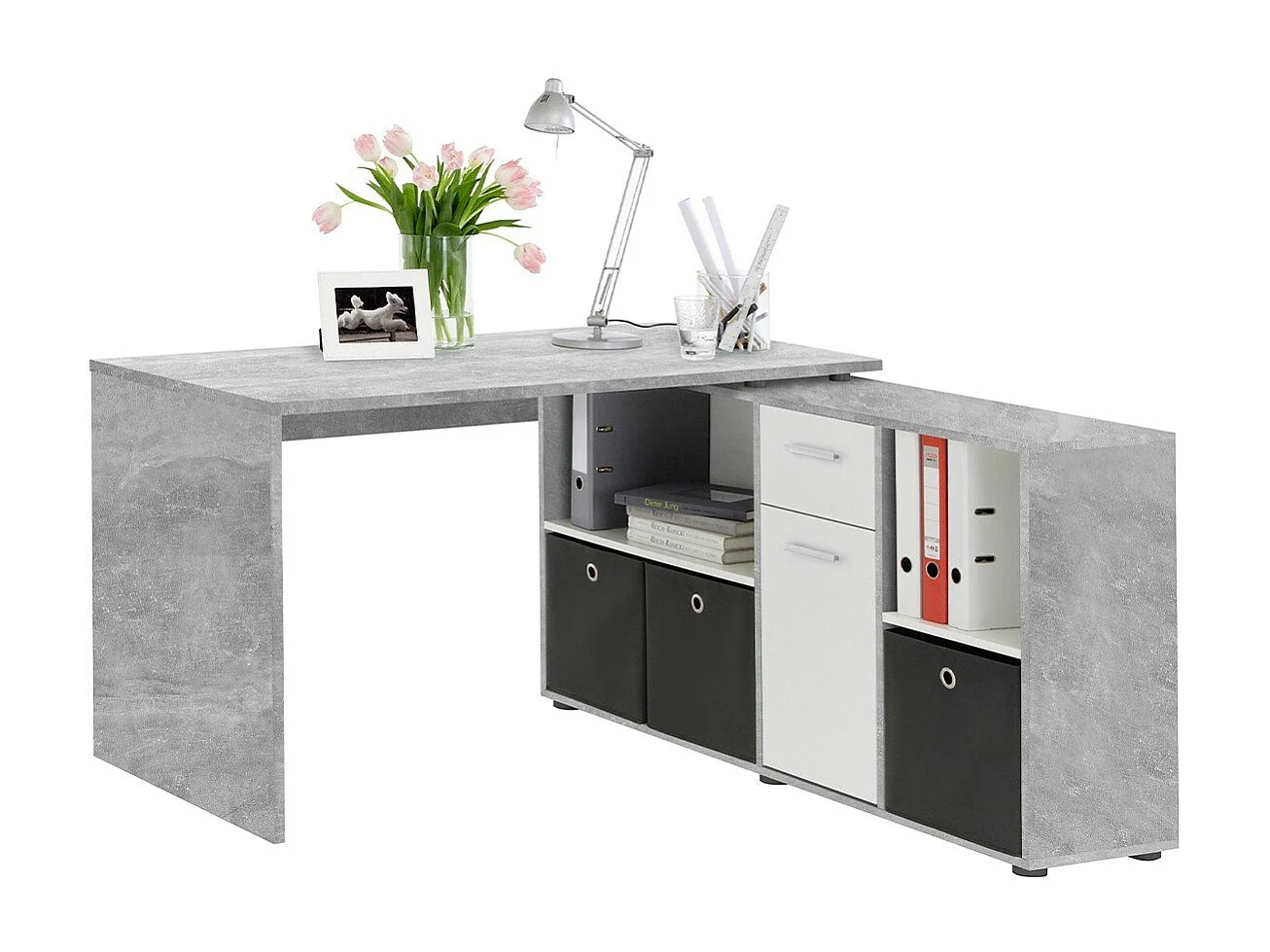 Bureau d'Angle Modulable avec Caisson, Tiroir et Étagères de Rangements - Lex