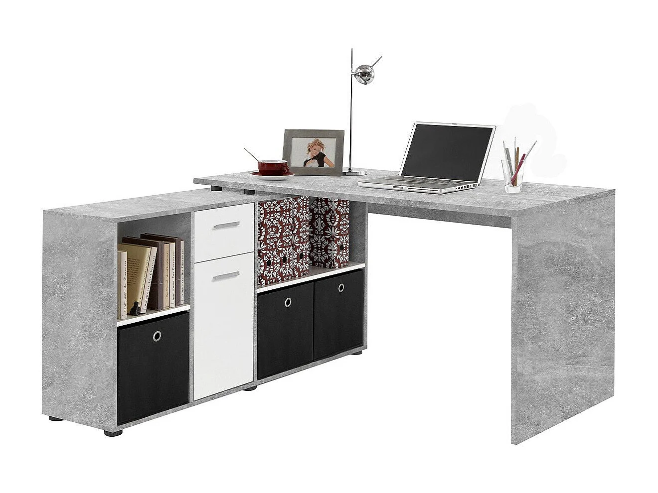Bureau d'Angle Modulable avec Caisson, Tiroir et Étagères de Rangements - Lex