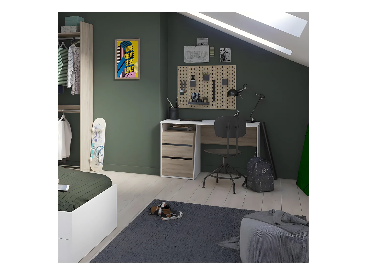 Bureau 3 Tiroirs décor bois et blanc L127 cm - Jefferson