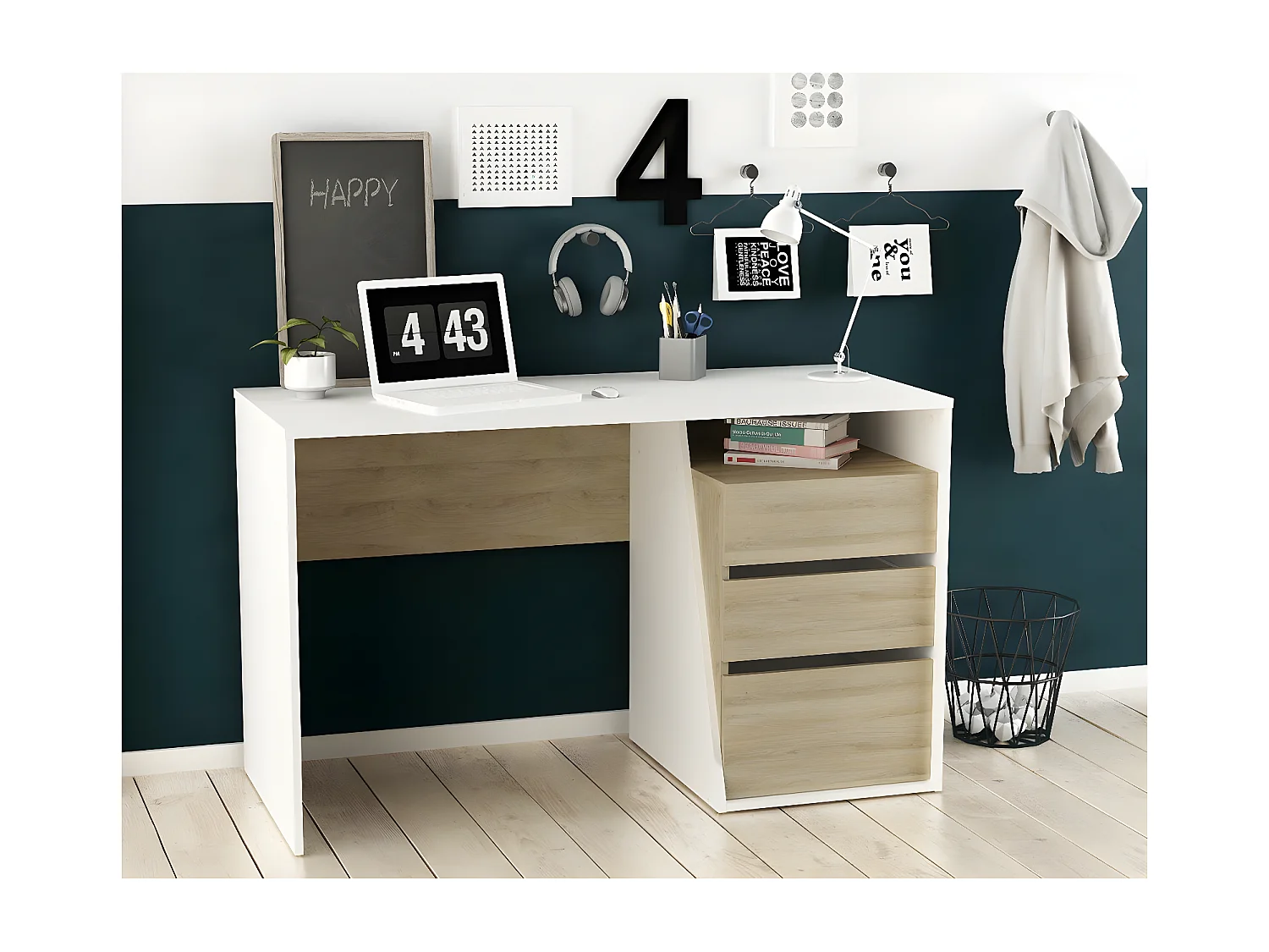 Bureau 3 Tiroirs décor bois et blanc L127 cm - Jefferson