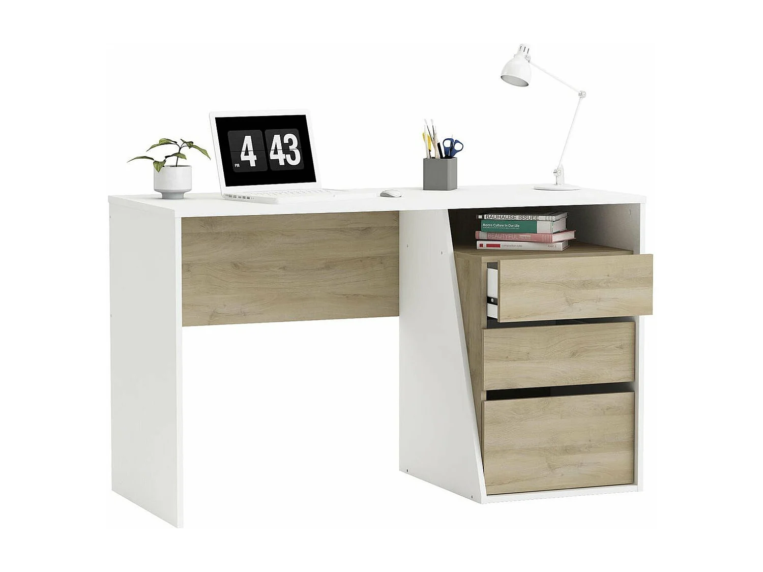 Bureau 3 Tiroirs décor bois et blanc L127 cm - Jefferson