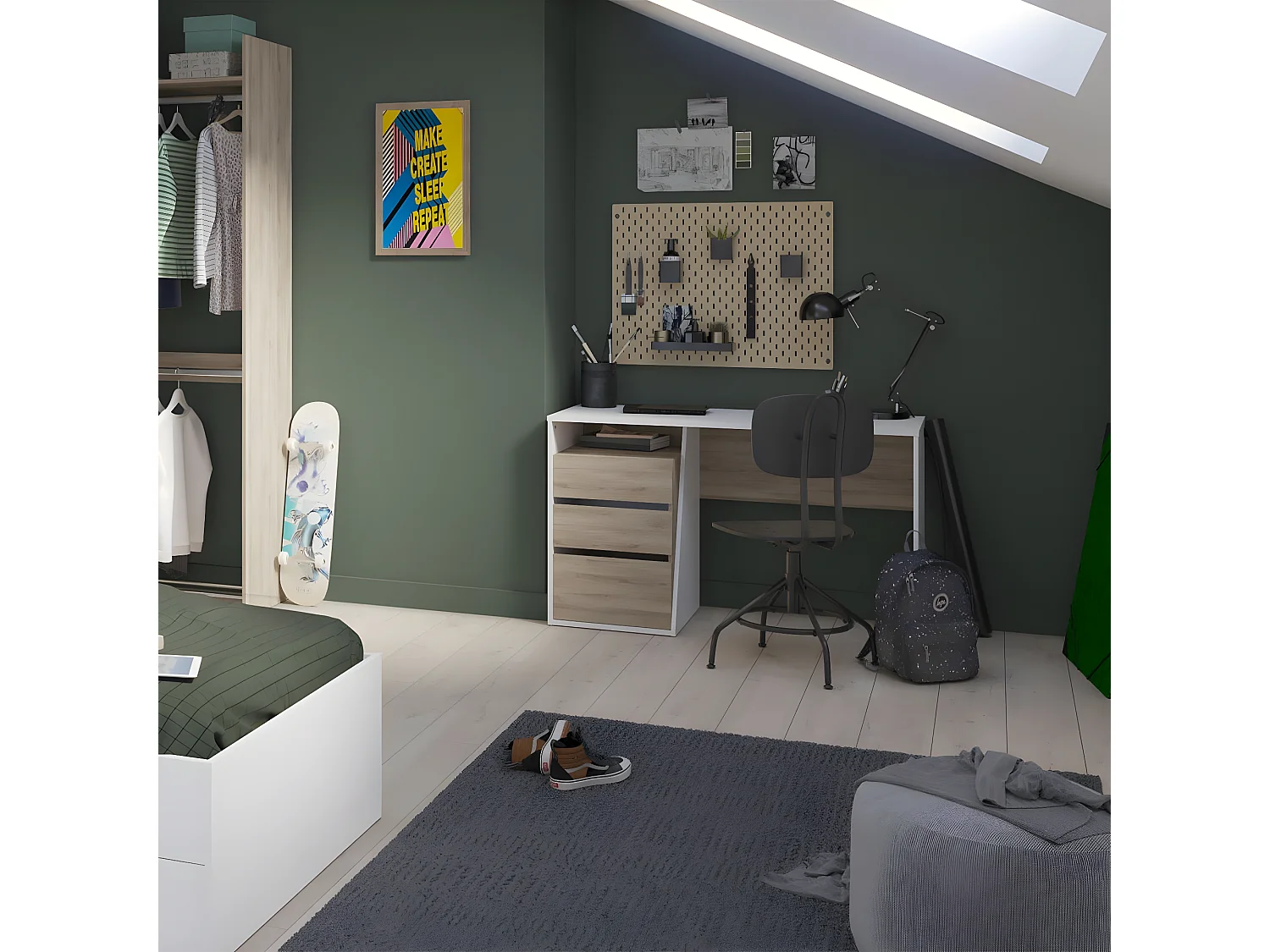 Bureau 3 Tiroirs décor bois et blanc L127 cm - Jefferson