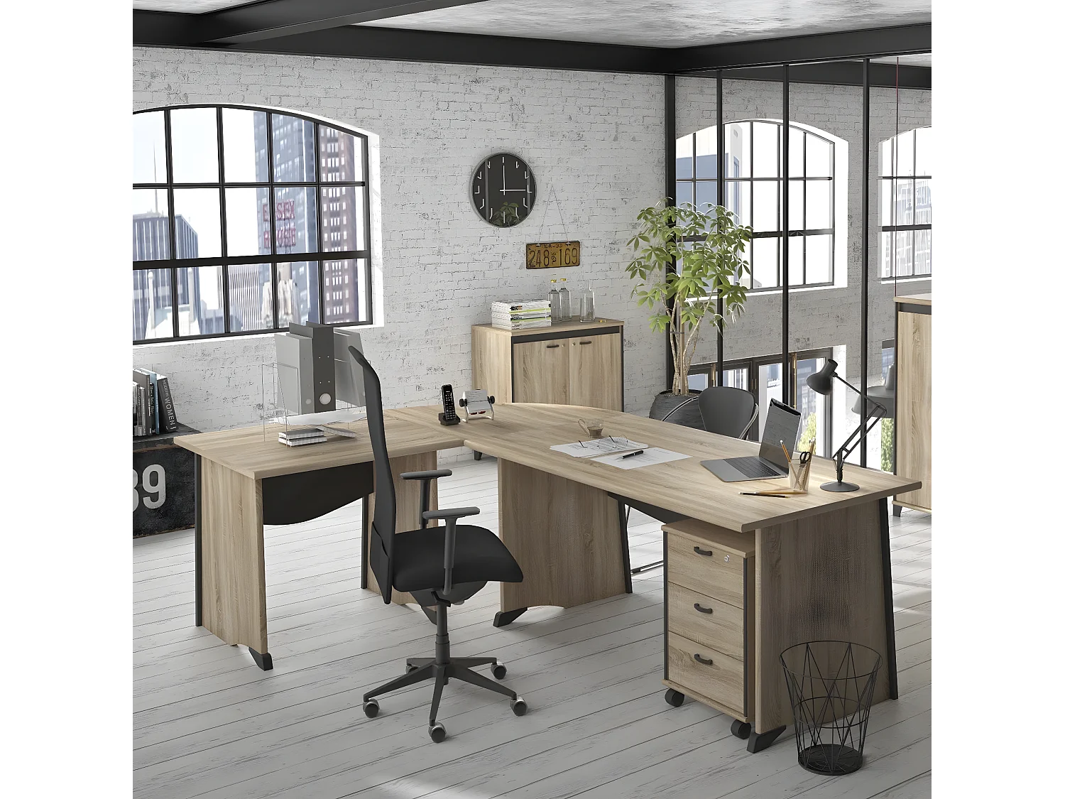 Industrieller Schreibtisch mit Hintergrundvorhang L120 cm - Französische Herstellung