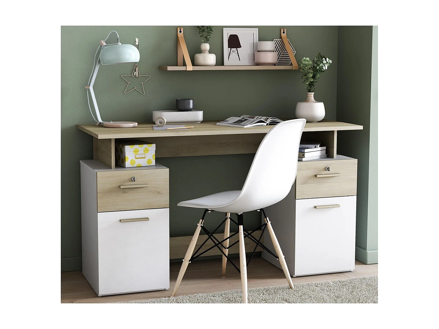 Dubbel Ladeblok Bureau, Hout en Wit Decor - L134,8 cm - Platon