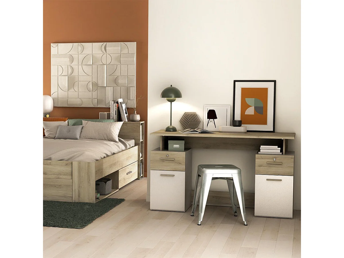 Dubbel Ladeblok Bureau, Hout en Wit Decor - L134,8 cm - Platon