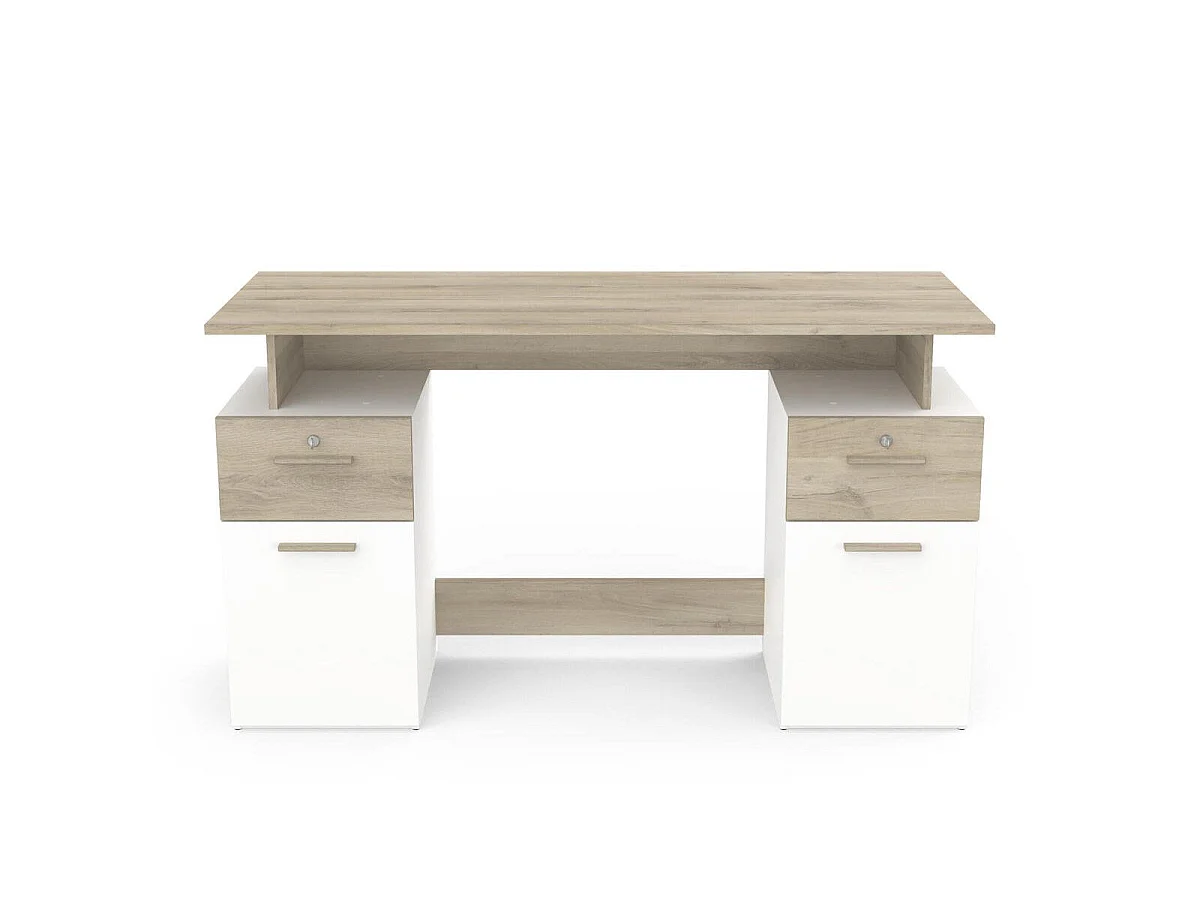 Bureau Double Caisson, Décor Bois et Blanc - L134,8 cm - Platon