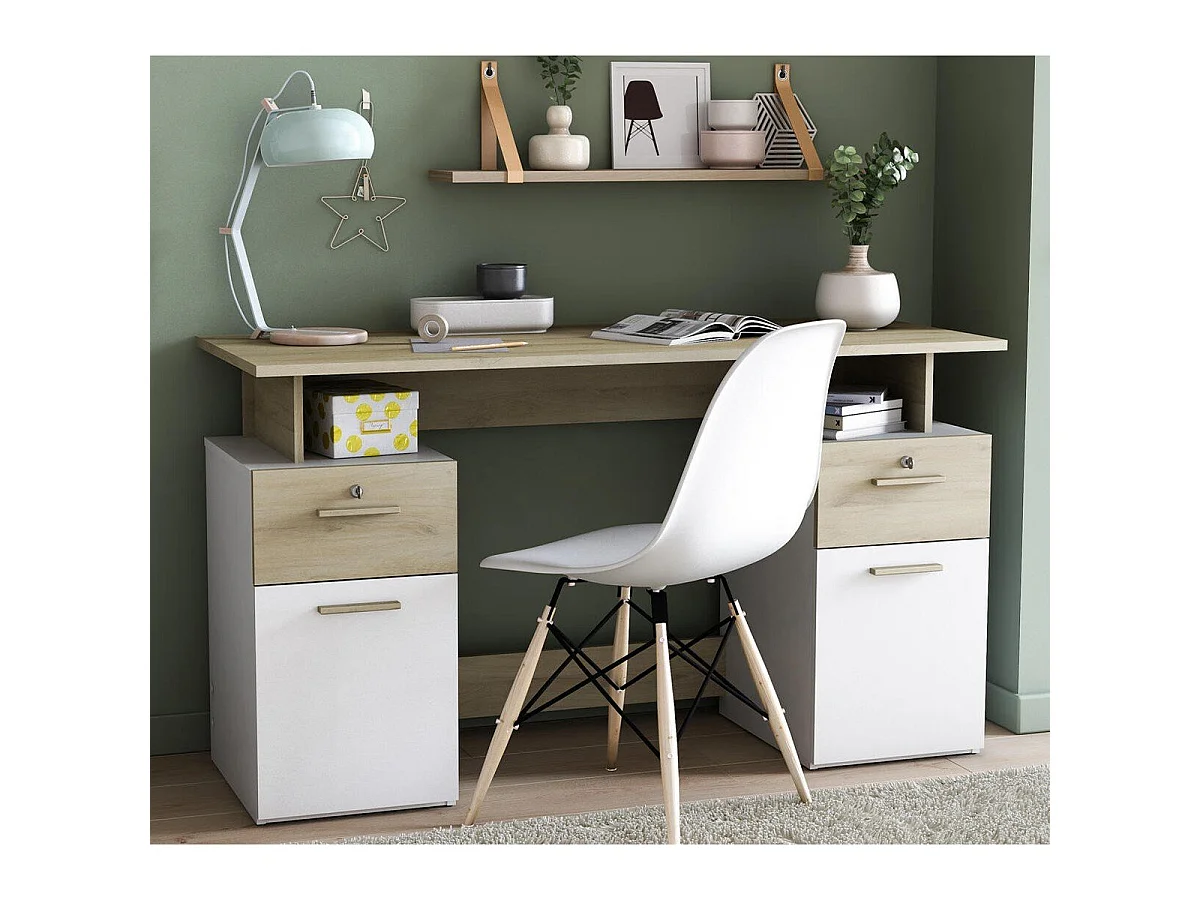 Bureau Double Caisson, Décor Bois et Blanc - L134,8 cm - Platon