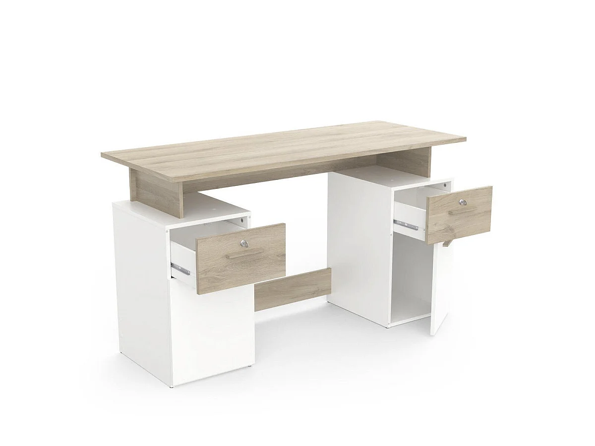Bureau Double Caisson, Décor Bois et Blanc - L134,8 cm - Platon