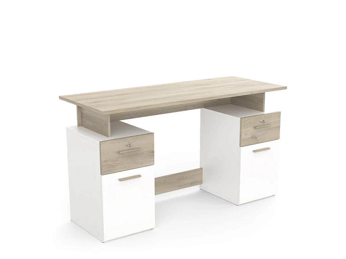 Bureau Double Caisson, Décor Bois et Blanc - L134,8 cm - Platon