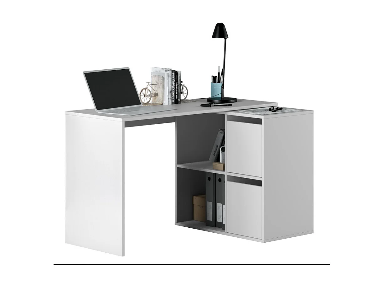 Bureau d'angle réversible 4 niches et 2 portes blanc L120 cm - VALEN
