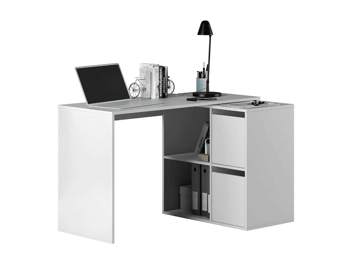 Bureau d'angle réversible 4 niches et 2 portes blanc L120 cm - VALEN
