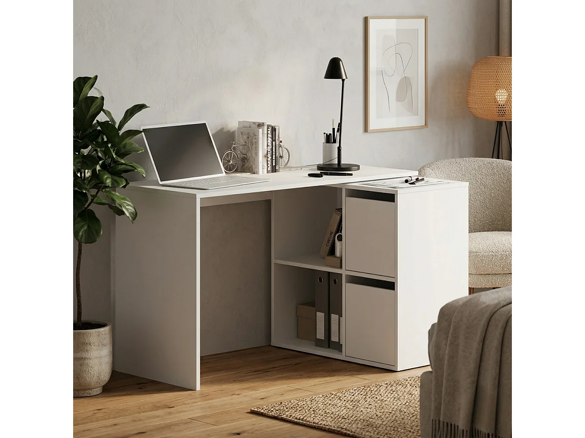 Bureau d'angle réversible 4 niches et 2 portes blanc L120 cm - VALEN