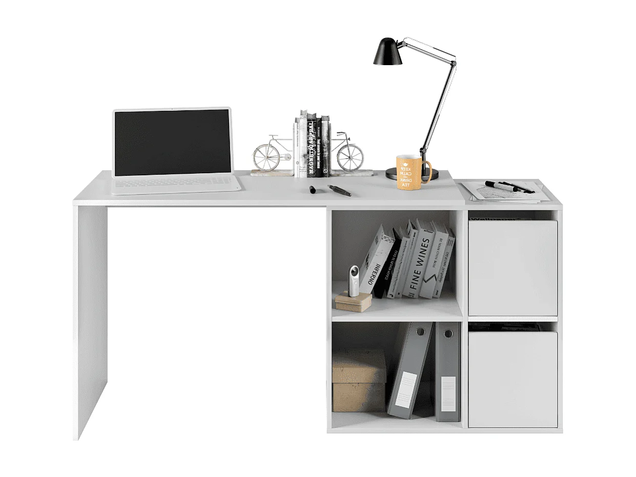 Bureau d'angle réversible 4 niches et 2 portes blanc L120 cm - VALEN