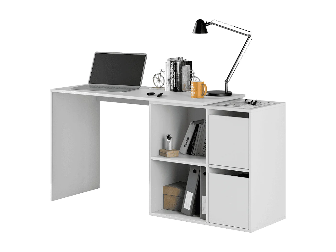 Bureau d'angle réversible 4 niches et 2 portes blanc L120 cm - VALEN
