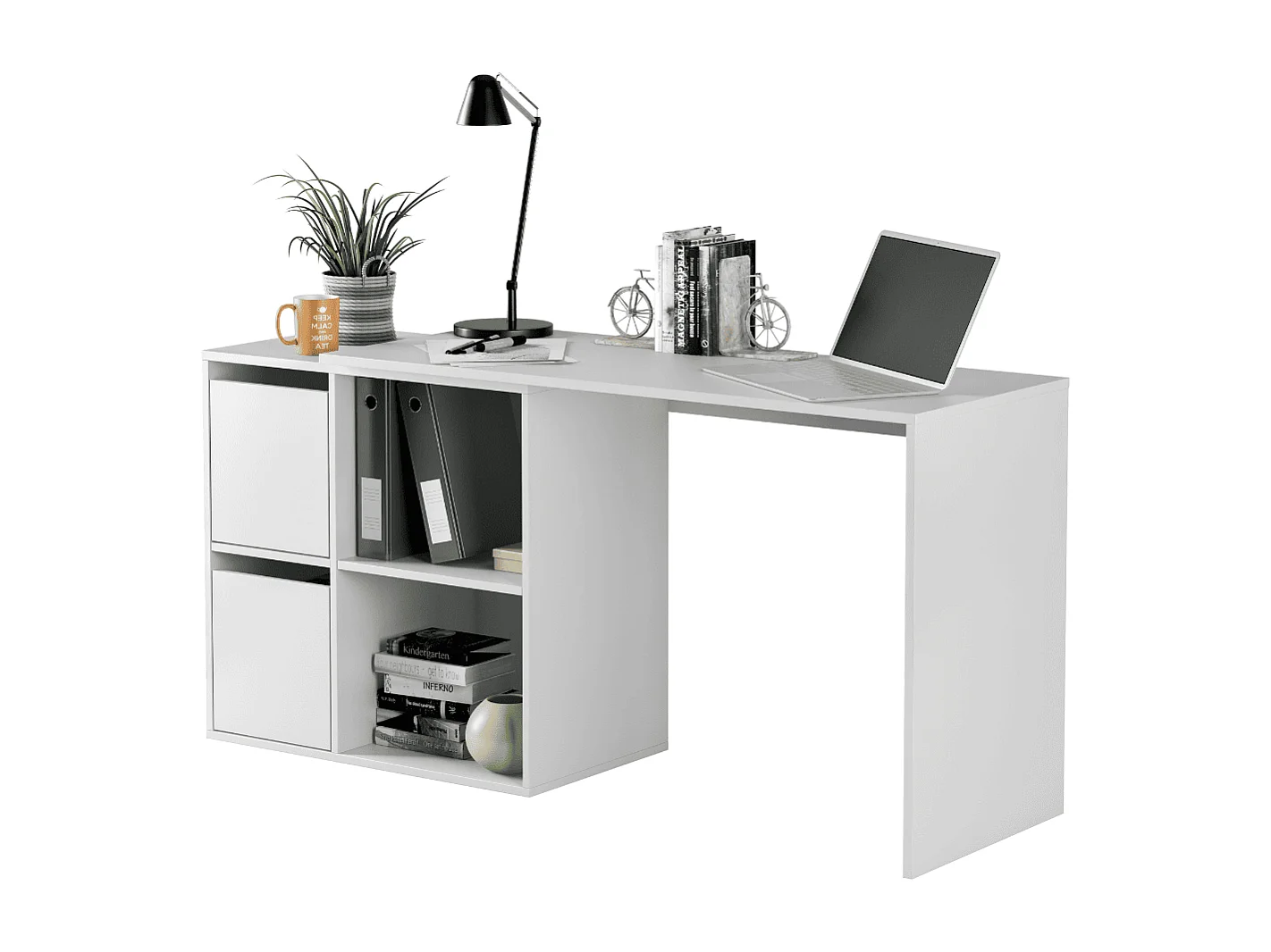 Bureau d'angle réversible 4 niches et 2 portes blanc L120 cm - VALEN