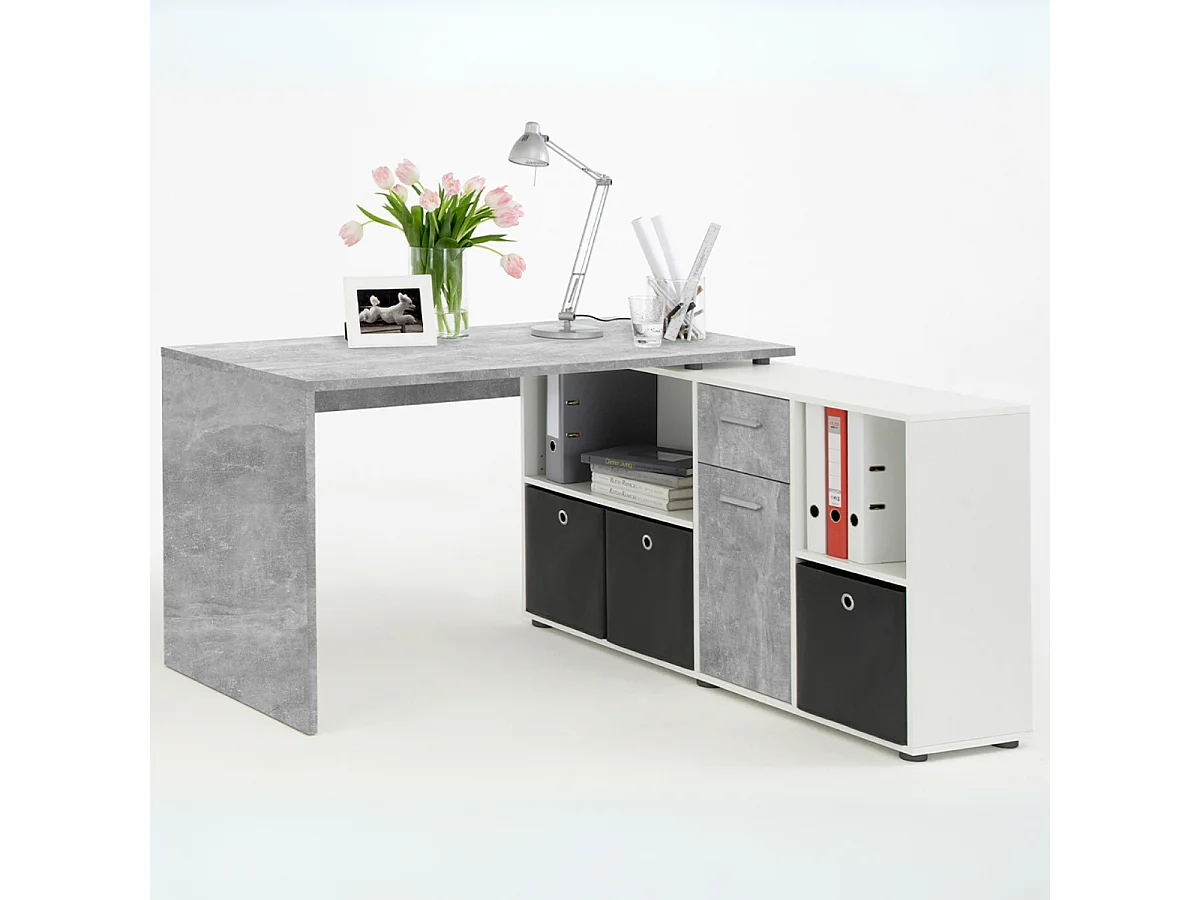 Bureau d'Angle Modulable avec Caisson, Tiroir et Étagères de Rangements - Lex