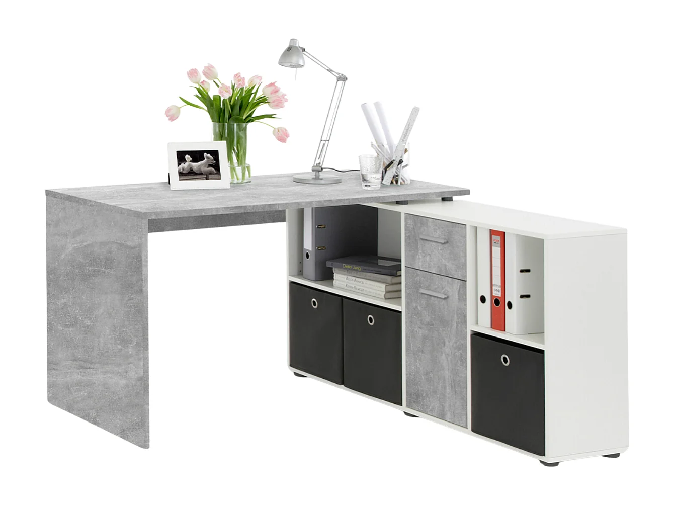 Bureau d'Angle Modulable avec Caisson, Tiroir et Étagères de Rangements - Lex