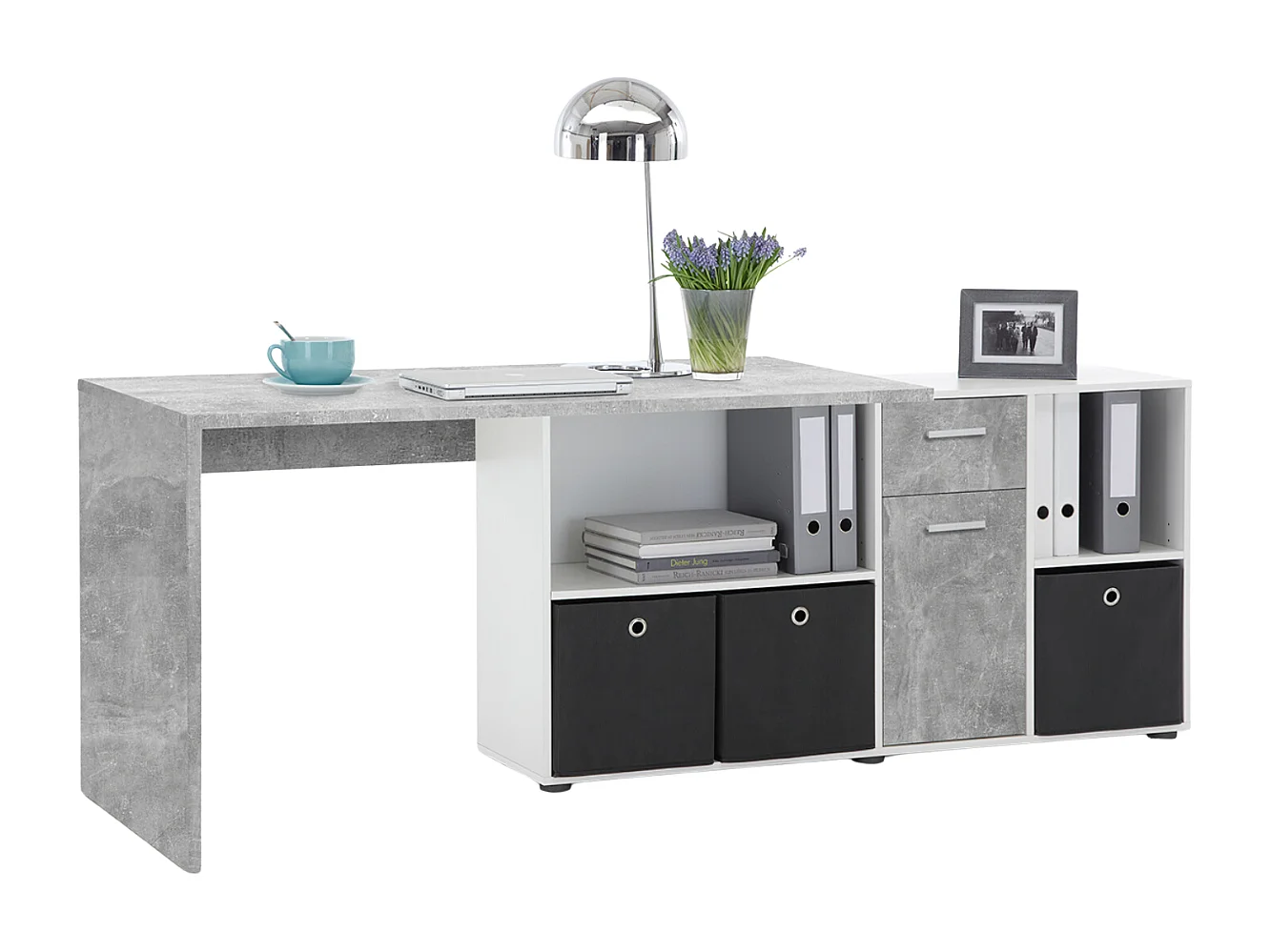 Bureau d'Angle Modulable avec Caisson, Tiroir et Étagères de Rangements - Lex